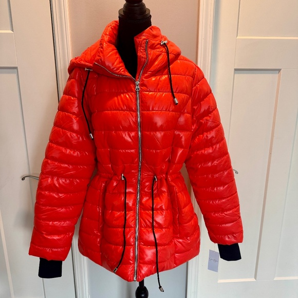 Jessica Simpson heavy puffer jacket w/hood, NWT, L, shiny Orange, Long length - Picture 1 of 13